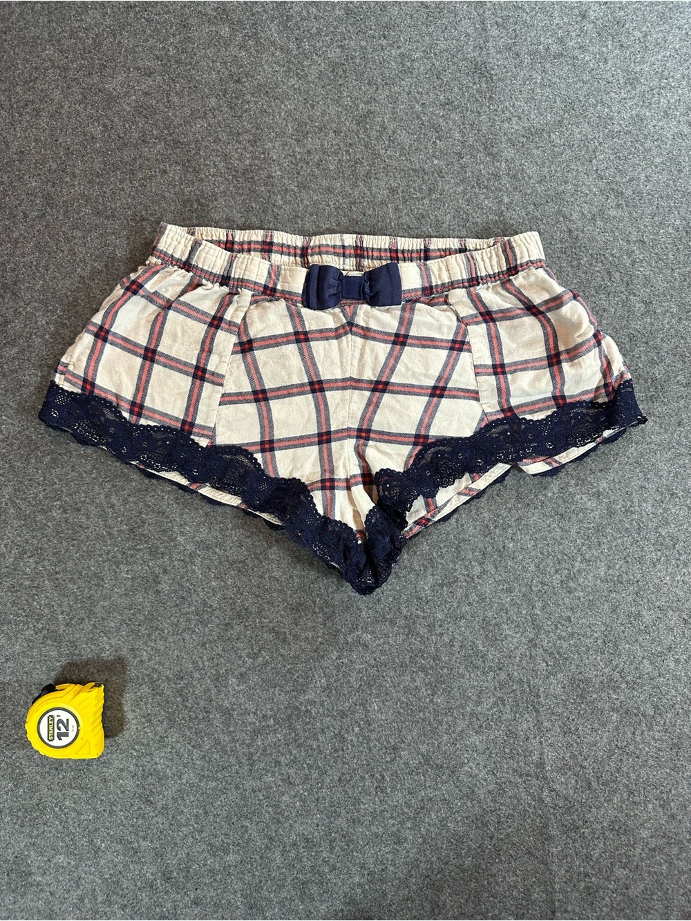 aerie White Plaid Sleep Shorts with Navy Lace